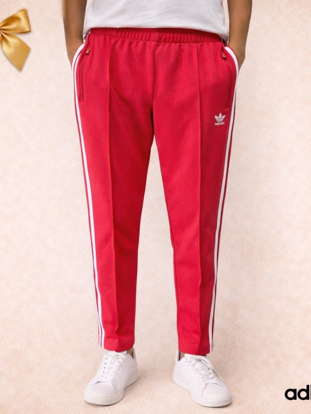 Adidas Red Joggers with White Side Stripes Size Large